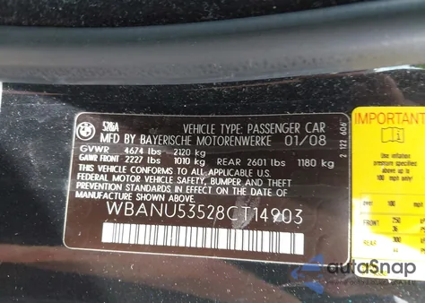 2008 BMW 528I from USA, damaged, VIN WBANU53528CT14903